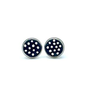 Handmade clay earrings deep grey with white polka dots